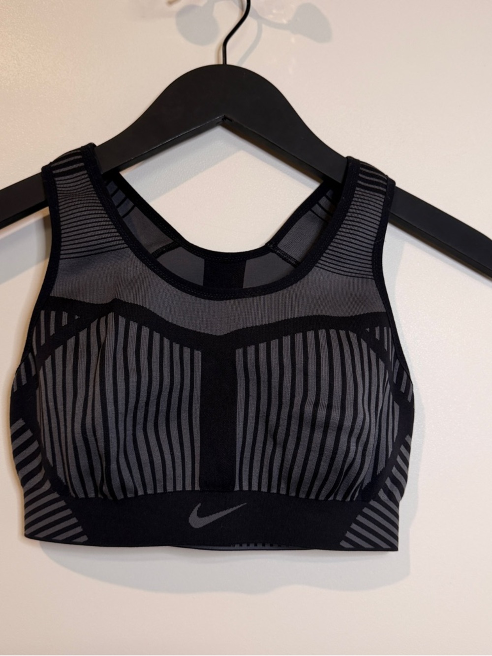 Nike Black and Gray Striped High-Impact Sports Bra